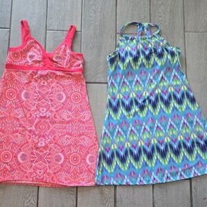 Tehama Womens Dresses Pink Geometric Blue Ikat Print Halter Sundress Set 2-M